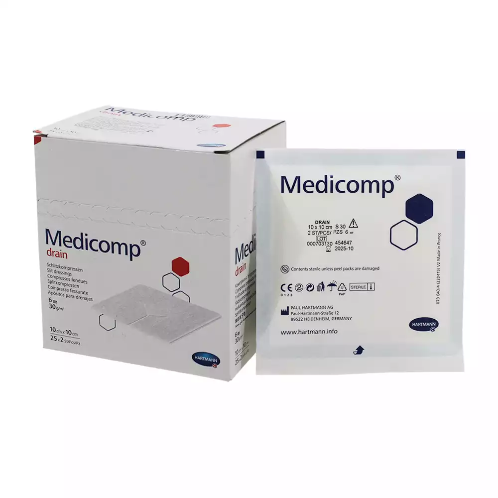 Салфетка MEDICOMP steril, размер 10х10см, из нетканного материала, с Y-обр.вырезом, стерильная, упаковка 25х2шт