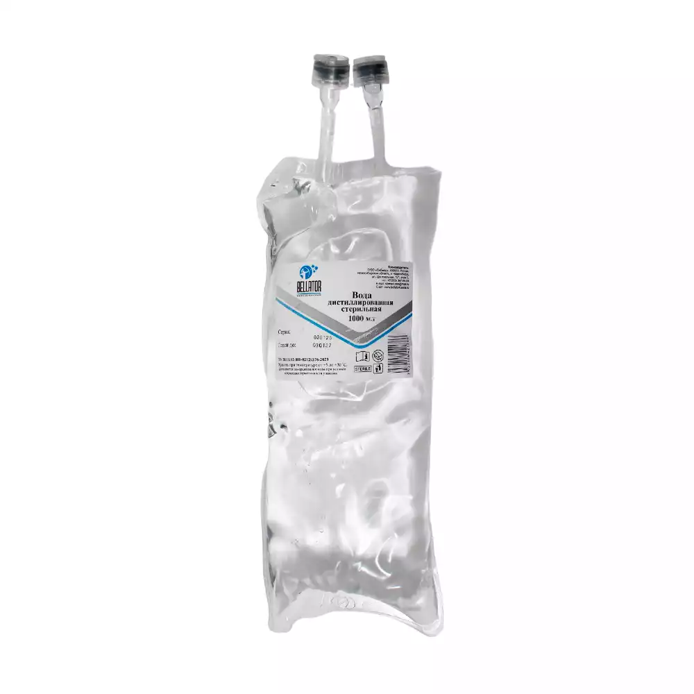 Вода дистиллированная, объем 1,0л, стерильная, пластиковая мягкая упаковка (БЕЗ РУ)