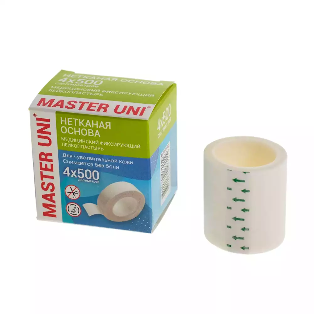 Лейкопластырь Master Uni на нетканой основе (целлюлоза),фиксирующий, размер 4см*500см, катушка в картонной коробке