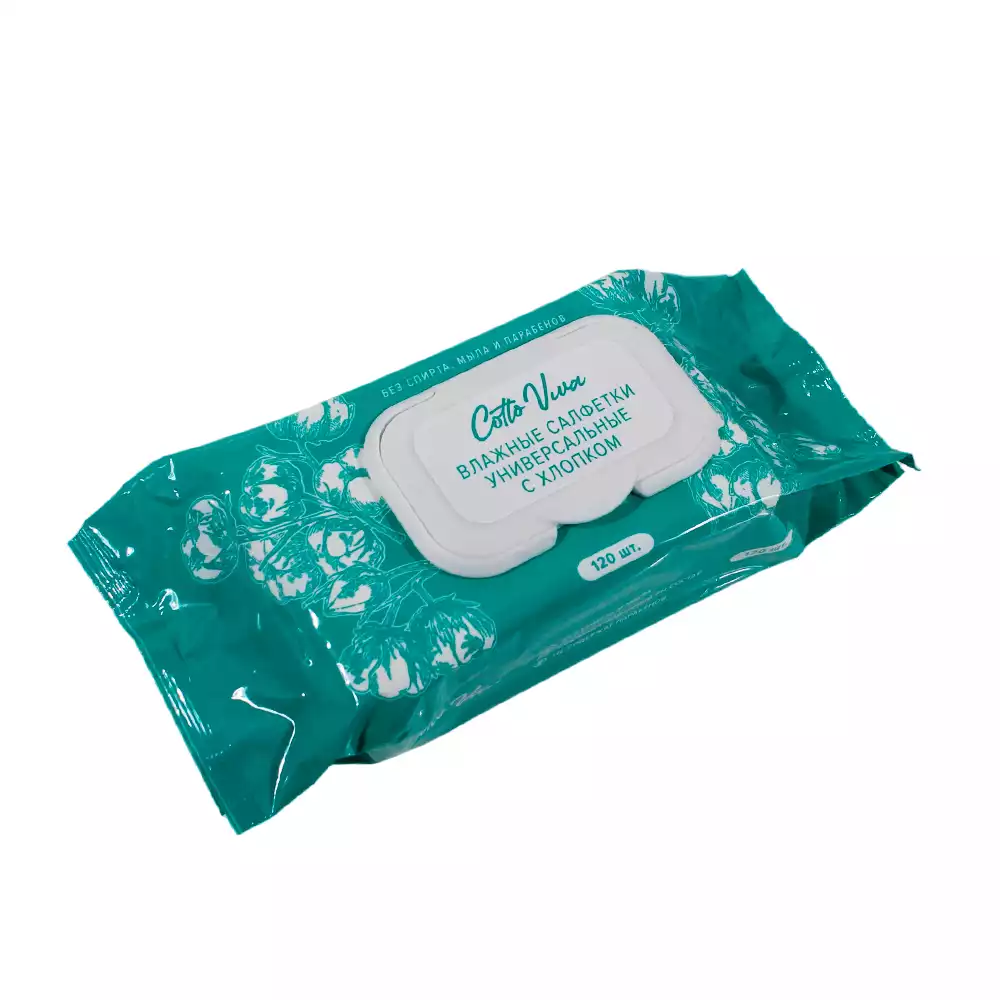 Салфетки влажные "Cotto Viva", гигиенические, универсальные, упаковка 120шт, крышка