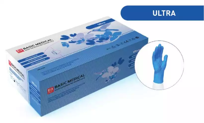 Перчатки BASIC ULTRA, размер M, нитриловые, вес 6,0 г/пара, неопудренные текстурированные на пальцах, цвет голубой,нестерильные, упаковка 100 пар