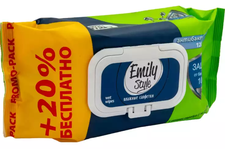 Салфетки влажные  Emily Style 100+20 шт. с клапаном Антибактериальные ПРОМО